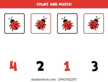 Count all cartoon red ladybugs and match with the correct number.