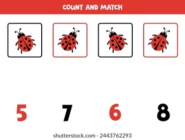 Count all cartoon red ladybugs and match with the correct number.