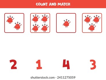 Count all cartoon red monsters and match with the correct number.