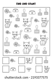 Count all cat accessories and write the number into box. Black and white worksheet for kids.