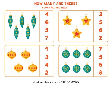 Zähl alle Weihnachtsbälle! Erziehungsmathematik für Kinder.
