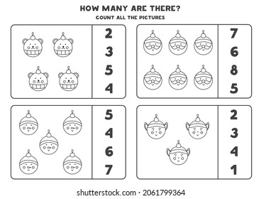 Count all Christmas baubles and circle the correct answers. Black and white worksheet.