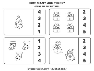 Zählen Sie alle Weihnachtselemente und kreisen Sie die richtigen Antworten. Schwarz-Weiß-Arbeitsblatt.