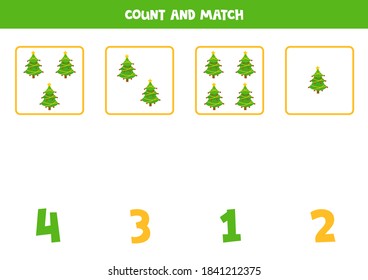 Count all Christmas fir trees and match them with numbers. Math game for preschoolers.