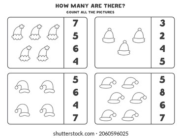 Count all Christmas hats and circle the correct answers. Math game for kids.