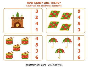 Count all Christmas items and circle the correct answers. 