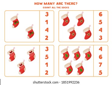 Cuenta todos los calcetines de Navidad y cierra el círculo con la respuesta correcta. Juego educativo de matemáticas para los niños,