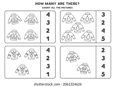 Count all Christmas sweaters and circle the correct answers. Black and white worksheet.