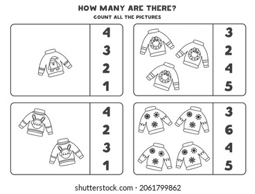 Count all Christmas sweaters and circle the correct answers. Black and white worksheet.