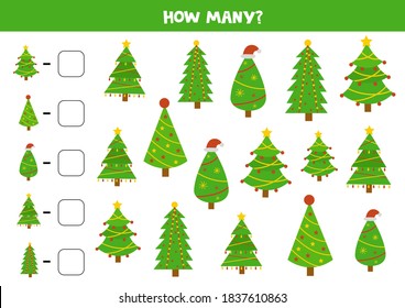 Count all Christmas trees. Educational math game for kids. Counting worksheet for children. 