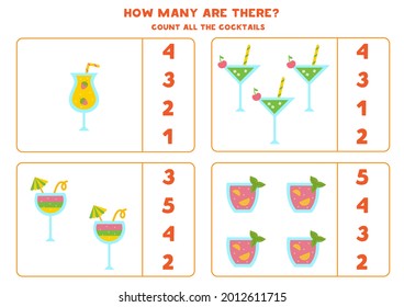 Count all cocktails and circle the correct answers. Math game for kids.