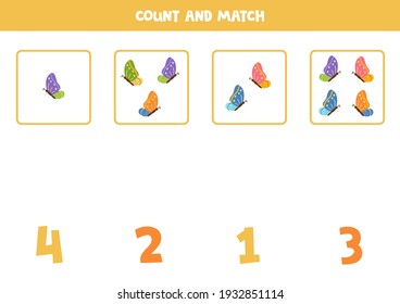 Count all colorful butterflies and match with right numbers. Math game for kids.