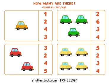 Count all colorful cars and circle the correct answers. Math game for kids.