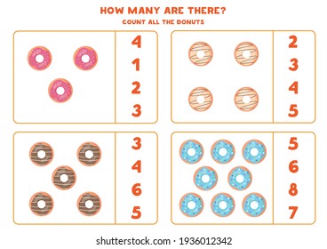 Count all colorful donuts and circle the correct answers. Math game for kids.
