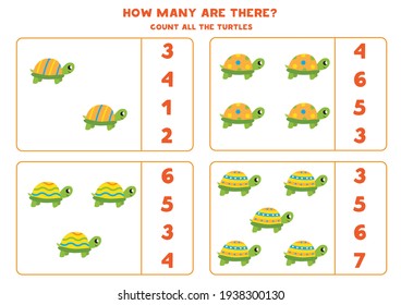 Count all colorful turtles and circle the correct answers. Math game for kids.
