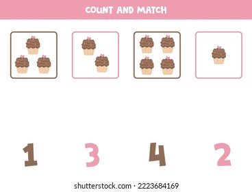 Count all cupcakes and match with the correct number.