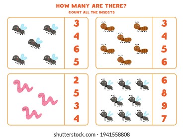 Cuenta todos los insectos lindos y da vueltas a las respuestas correctas. Juego de matemáticas para niños.