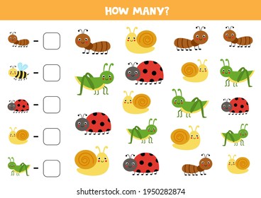 Count All Cute Insects And Write The Number Into Box. Math Game For Kids.