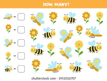 Count all cute insects and write the number into box. Math game for kids.