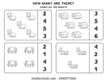 Count all cute insects and write the number into box. Math game for kids.
