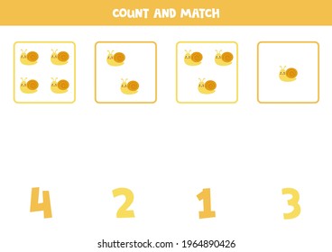 Count all cute snails and match with right numbers. Math game for kids.