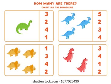 Cuenta todos los dinosaurios y cierra la respuesta correcta. Juego educativo de matemáticas para niños.