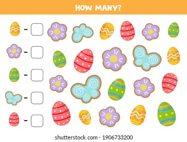 Count all Easter cookies and Easter eggs and write the correct answers. Math game for kids.