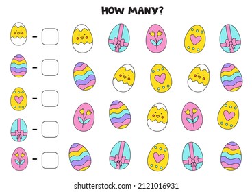 Count all Easter eggs and write the number into box. Math game for kids.