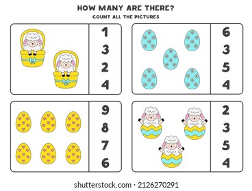 Count all Easter lambs and eggs and circle the correct answers. 