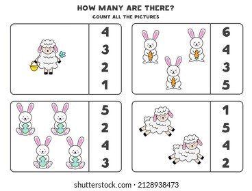 Count all Easter lambs and rabbits and circle the correct answers. 