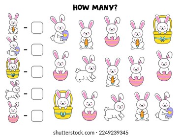 Count all Easter rabbits and write the number into box. Math game for kids.