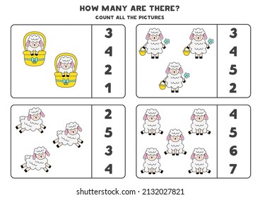 Count all Easter sheep and circle the correct answers. 