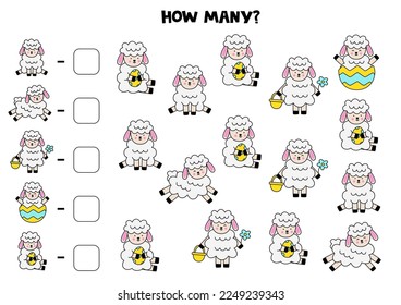 Zähl alle Osterschaf und schreibe die Nummer in Kiste. Mathe-Spiel für Kinder.