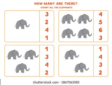 Count all elephants and circle the right answer. Math game for preschool kids.