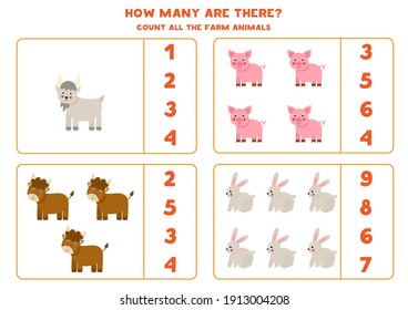 Count all farm animals and circle the correct answers. Math game for kids.