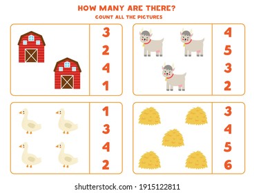 Count all farm animals and circle the correct answers. Math game for kids.