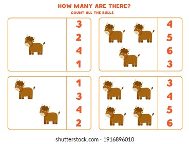 Count all farm bulls and circle the correct answers. Math game for kids.