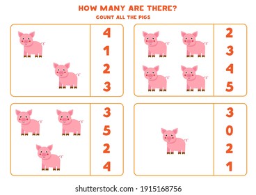 Zählen Sie alle Nutzschweine und umkreisen Sie die richtigen Antworten. Mathe-Spiel für Kinder.