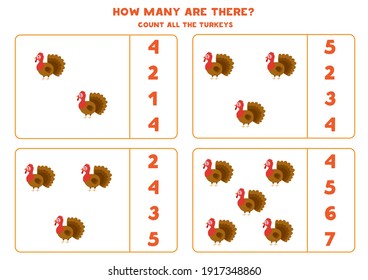 Count all farm turkeys and circle the correct answers. Math game for kids.