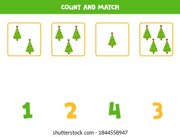 Count all fir trees and match with numbers. Math game for children.