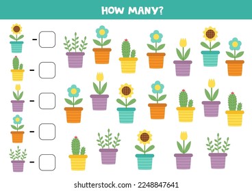 Count all flowerpots and write the number into box. Math game for kids.