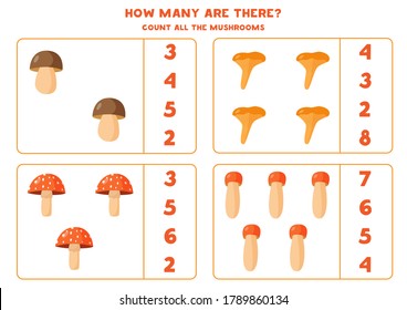 Cuenta todas las setas del bosque y da la respuesta correcta al círculo. Juego educativo de matemáticas para niños. Página de actividad imprimible. Ilustración vectorial de boletus, amanita, chanterelle, 
