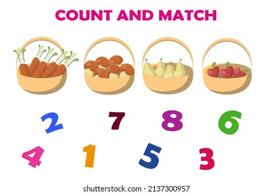 Count all fruit and vegetables in each basket and match with right numbers. Preschool Counting Activities. Printable worksheet. Educational game for children, kids preschool age. Mathematics task.