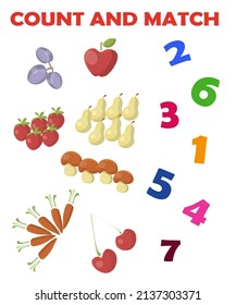 Count all fruit and vegetables and match with right numbers. Preschool Counting Activities. Printable worksheet. Educational game for children, kids preschool age. Mathematics task.