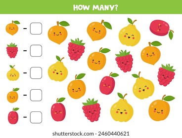 Count all fruits and berries and write the number into box. Math game for kids.