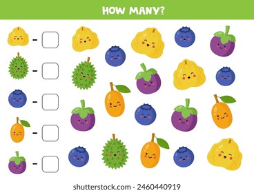 Count all fruits and berries and write the number into box. Math game for kids.