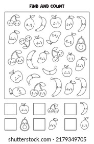 Count all fruits and write the number into box. Black and white worksheet for kids.
