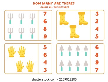 Count all gardening tools and circle the correct answers. 