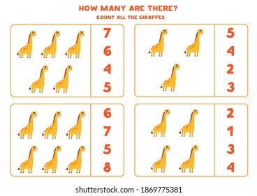 Count all giraffes and circle the right answer. Math game for preschool kids.