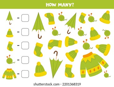 Count all green warm clothes and write the number into box. Math game for kids.